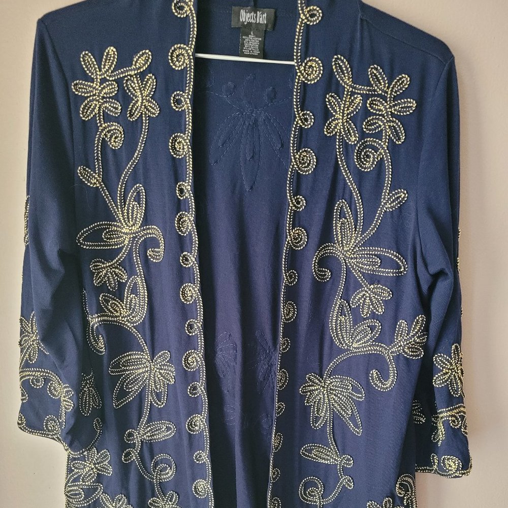 OBJECTS D'ART NAVY WITH GOLD EMBORIDERY TUNIC LENGTH "DUSTER" JACKET -  LARGE